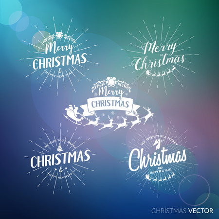 Merry Christmas lettering typography. Handwriting text design with winter holidays, light rays. Happy New Year greeting card decoration on blue background with blur lights. Abstract vector set.のイラスト素材