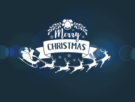 Merry Christmas lettering typography. Handwriting text design with winter holidays, ribbon, holly. Happy New Year greeting card decoration on blue background blur lights. Abstract vector.のイラスト素材
