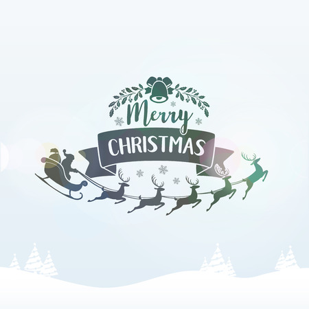 Merry Christmas lettering typography. Handwriting text design with winter holidays, ribbon, holly. Happy New Year greeting card decoration on grey background blur lights. Abstract vector.のイラスト素材