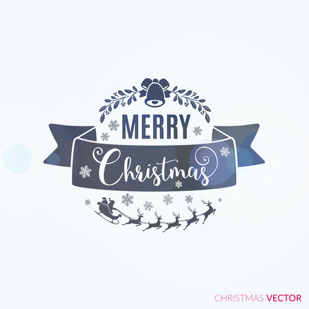 Merry Christmas lettering typography. Handwriting text design with winter holidays, ribbon, holly. Happy New Year greeting card decoration on grey background blur lights. Abstract vector.のイラスト素材