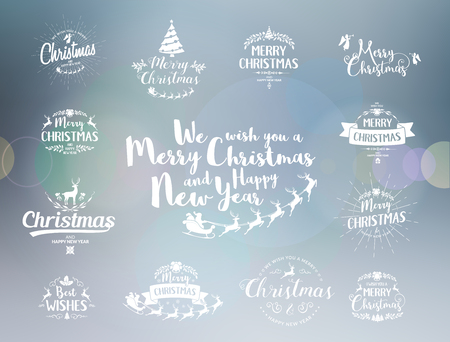 Merry Christmas lettering typography. Handwriting text design with winter holidays calligraphy. Happy New Year greeting card decoration on grey background with blur lights. Abstract vector set.のイラスト素材