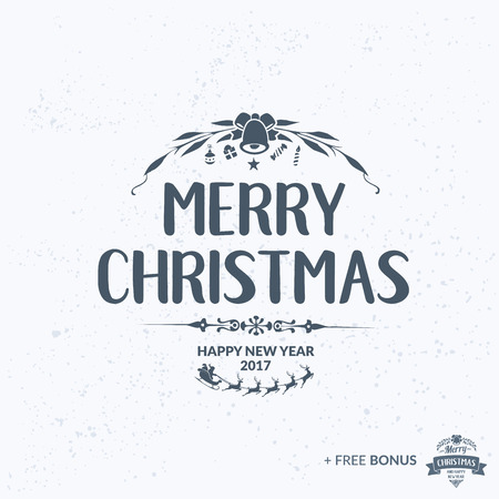 Merry Christmas lettering typography. Handwriting text design with winter holidays calligraphy. Happy New Year greeting card decoration on bright background. Abstract vector.のイラスト素材