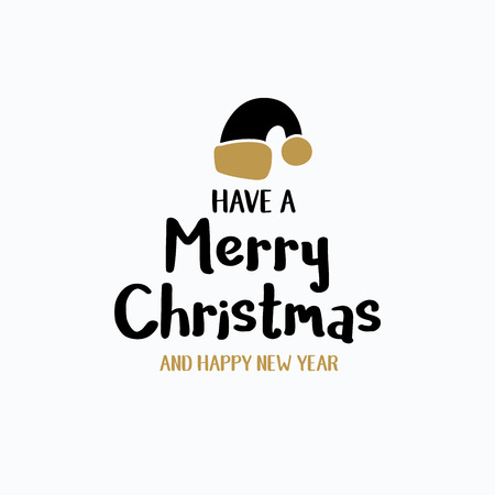 Merry Christmas lettering typography. Handwriting text design with winter holidays gold icons, symbols, signs. Happy New Year greeting card decoration on white background. Abstract vectorのイラスト素材