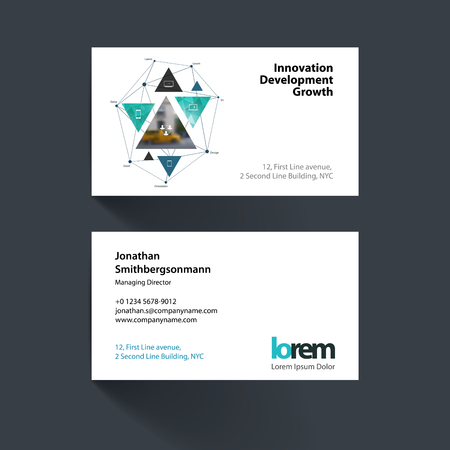 Vector business card template with triangular shapes, triangles, polygons, mesh for science, travel, network. Simple and clean design. Creative corporate identity layout.のイラスト素材