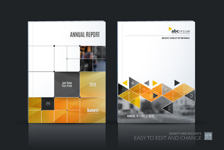 Business vector set. Brochure template layout, cover design annual report, magazine, flyer in A4 with grey yellow triangles, squares, lines, rounds for IT, business, building. Abstractのイラスト素材