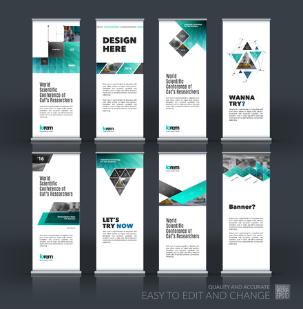 Abstract business vector set of modern roll Up Banner stand design template with square, triangle, arrow, icons for exhibition, fair, show, exposition, expo, presentation, festival, parade, eventsのイラスト素材