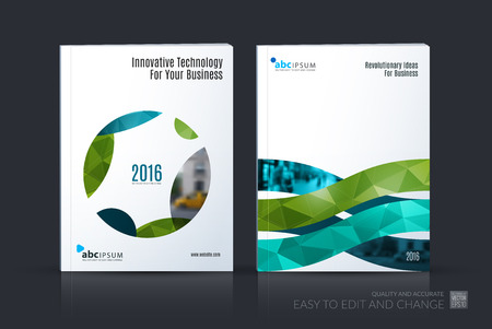 Business vector set. Brochure template layout, cover design annual report, magazine, flyer in A4 with green circle, soft shapes, parts for IT, business, beauty. Abstract art.のイラスト素材