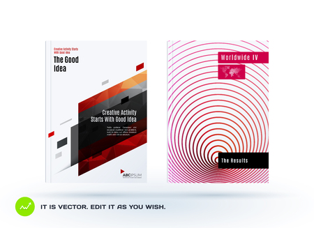 Abstract design of business vector template, brochure, annual report, cover modern layout, flyer in A4 with red strong geometric shapes for finance, catalogue with background. Setのイラスト素材