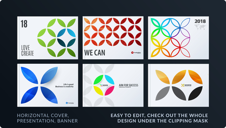 Presentation. Abstract vector set of modern horizontal templates with colorful circle segments, flower shapeのイラスト素材
