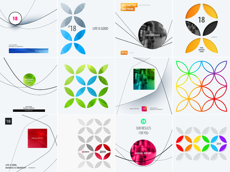 Set of abstract vector design for graphic template. Creative modern business background. Colorful circle segments, flower shapes for banner, brand printing, web sale, marketing, discount, offer.のイラスト素材