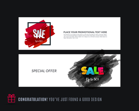 Abstract vector set of modern horizontal website sale banners with colourful words, abstract shapes for promo, shopping, offer, advertisement. Clean web headers design.のイラスト素材