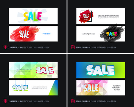 Abstract vector set of modern horizontal website sale banners with colourful words, abstract shapes for promo, shopping, offer, advertisement.のイラスト素材