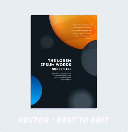 Brochure with dark neon style, creative design of catalog cover, flyer in A4 with colourful soft circles for night club, promotion, advertisement, event, fun. Black background.のイラスト素材