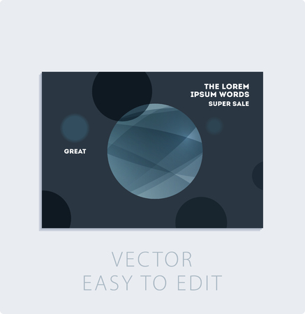 Brochure with dark neon style, creative design of catalog cover, flyer in A4 with grey blue soft circles for night club, promotion, advertisement, event. Black background.のイラスト素材