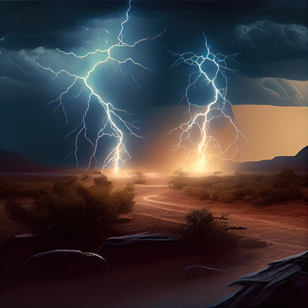Thunderstorm over the road in the desert. 3d illustration. Generative AIの素材