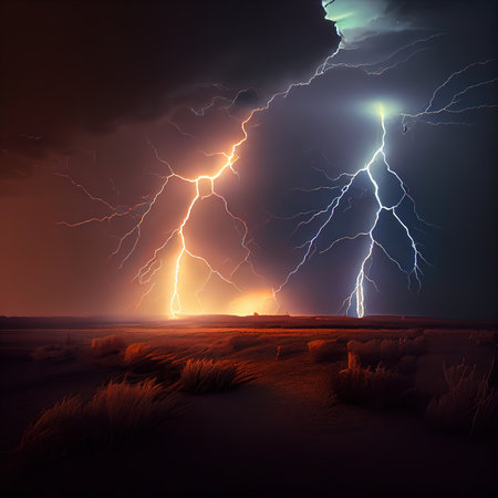 Lightning strike in the desert, 3d rendering. Computer digital drawing. Generative AIの素材