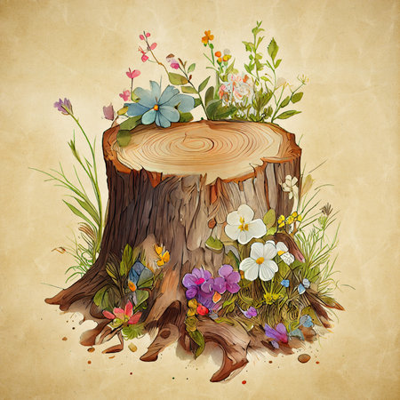 Wooden stump with flowers and grass on old paper background. Vector illustration, Generative AIの素材