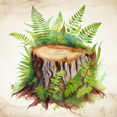 Watercolor illustration of tree stump with ferns in the forest, Generative AIの素材