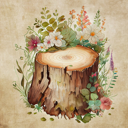 Grunge background with wooden stump and flowers. Vector illustration, Generative AIの素材