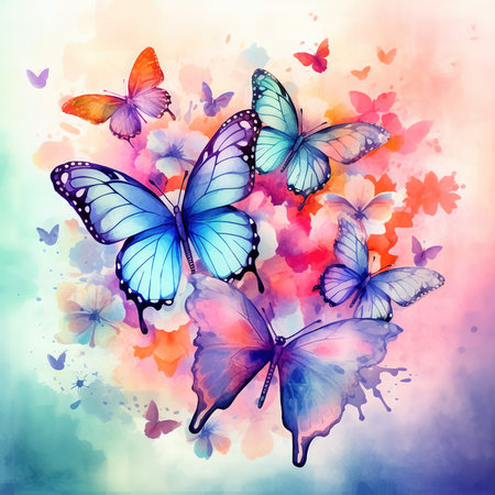 Beautiful butterflies on watercolor background. Whimsical Butterflies Vector illustration for your designの素材