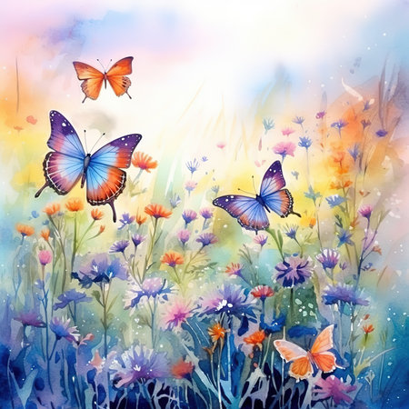 A lot of Beautiful Whimsical Butterflies with A field of wildflowers watercolor background. Colorful flowers and butterflies on a wildflowers background, Generative AIの素材