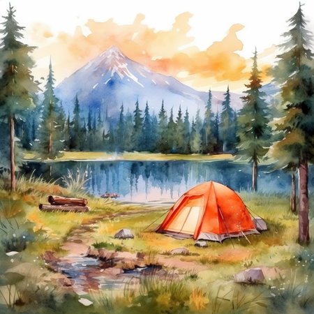 Watercolor illustration of a camping in the mountains. Camping in the forest.の素材