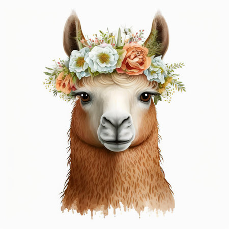 Cute alpaca with floral wreath. Digital painting Beautiful Alpaca with flower crown.の素材