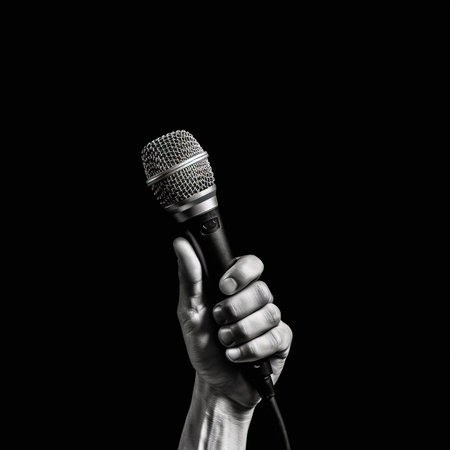 Male hand holding a microphone on a black background. Monochrome.の素材