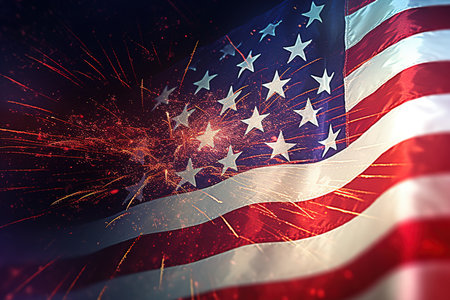 United States of America flag with fireworks background. 3D illustration Happy 4th of July - Independence Day.の素材