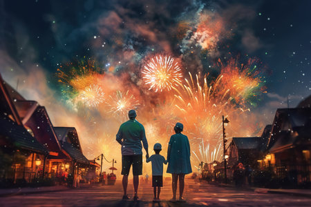 Back view of happy family looking at fireworks in night. USA celebrate 4th of July.の素材