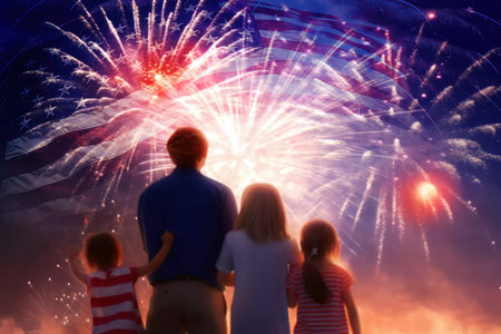 Happy family with fireworks on the background of the flag of United States of Americaの素材