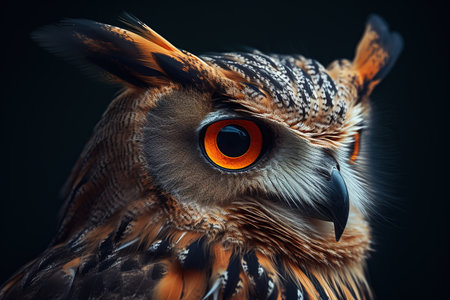 Portrait of a beautiful owl with an orange eye on black backgroundの素材