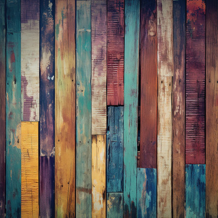 Vintage colorful wooden wall background. Close up of wooden planksの素材