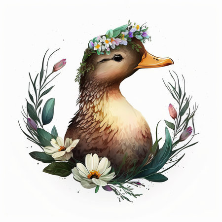 Watercolor illustration of a duck in a wreath of flowers.の素材