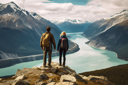 Hiking couple with backpacks standing on the edge of a cliff and looking at a mountain lakeの素材