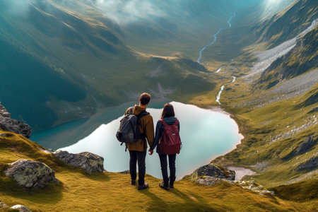 Couple standing on the top of a mountain and looking at the lakeの素材