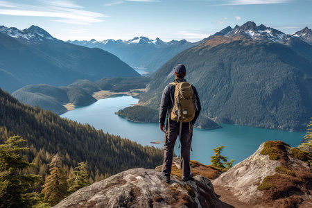 Hiker standing on the edge of a cliff and looking at a beautiful mountain lakeの素材
