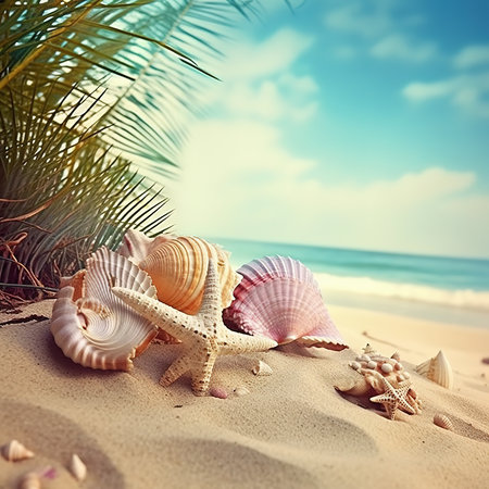Seashells and starfish on sandy beach with palm treeの素材