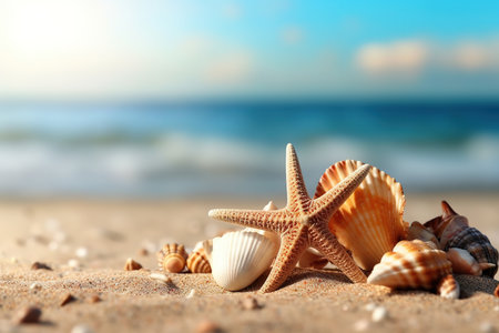 Seashells and starfish on sandy beach against sea backgroundの素材