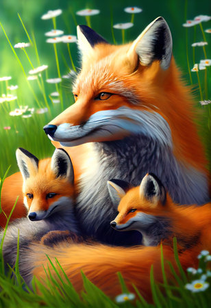 Illustration of a group of red foxes in the meadowの素材
