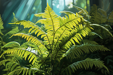 Green fern leaves in sunlight. Nature background. Sunlight and shadow.の素材