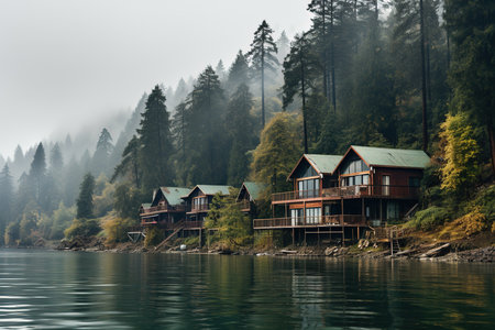 Wooden houses on the shore of a mountain lake in the fog.の素材