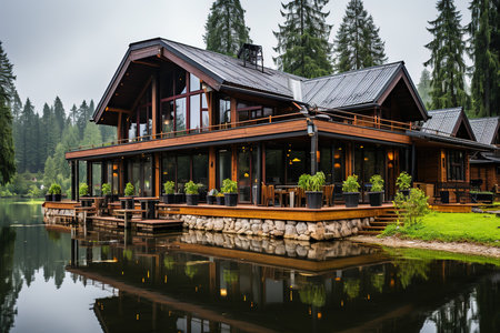 Wooden house on the lake in the Carpathians, Ukraineの素材