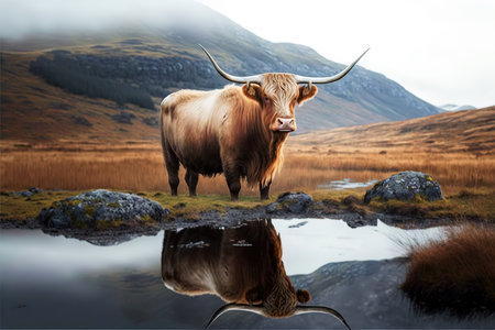 Highland cow in the Scottish Highlands with reflection in the water.の素材