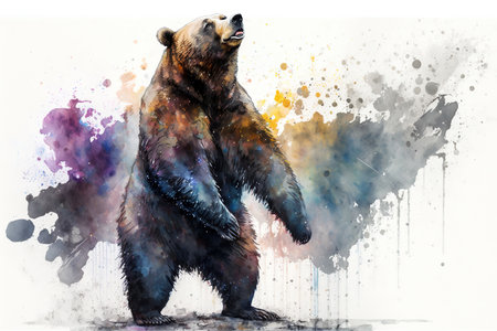Digital painting of a bear with watercolor splashes on white backgroundの素材