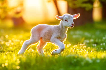 Little lamb running on the green grass in the sun at sunset.の素材