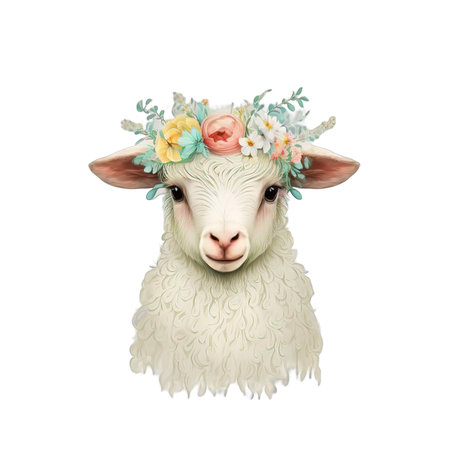 Sheep with a floral wreath isolated on a white background.の素材