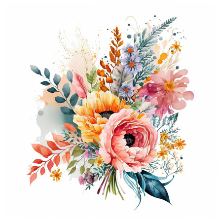 Beautiful vector watercolor floral bouquet. Hand drawn floral illustration.の素材