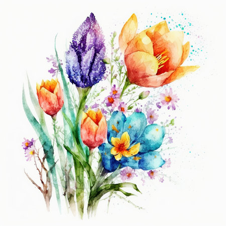 Beautiful vector card with watercolor crocuses and tulipsの素材