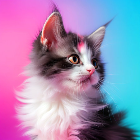 Nursery Wall Art, Cute little kitten Face Close Up with Pastel Color Wallpaper Background, Baby Cat with Pastel Color Wall Art.の素材